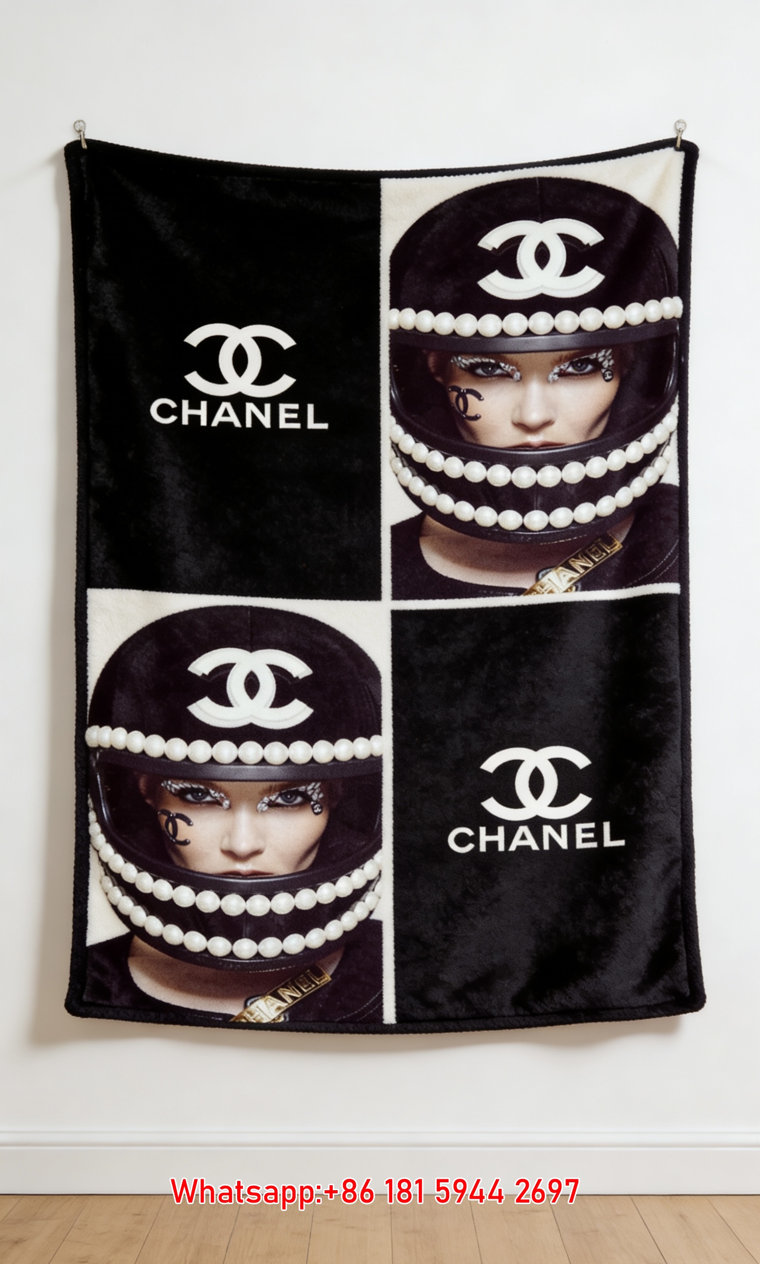 Chanel Pearl Helmet Print Flannel Throw Blanket IMG_7180